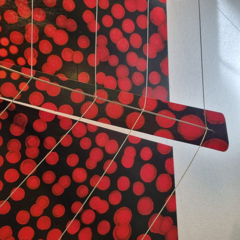 Motif abstrait de cercles rouges sur fond noir, avec des lignes blanches.